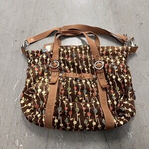 Fossil Shoulder Tote Bag Brown Multicolor Dot Line Print Leather Trim Purse